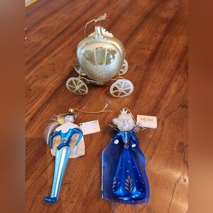 Vietri Italian Blown Glass & Hand Painted Cinderella, Prince, Coach Ornament Set